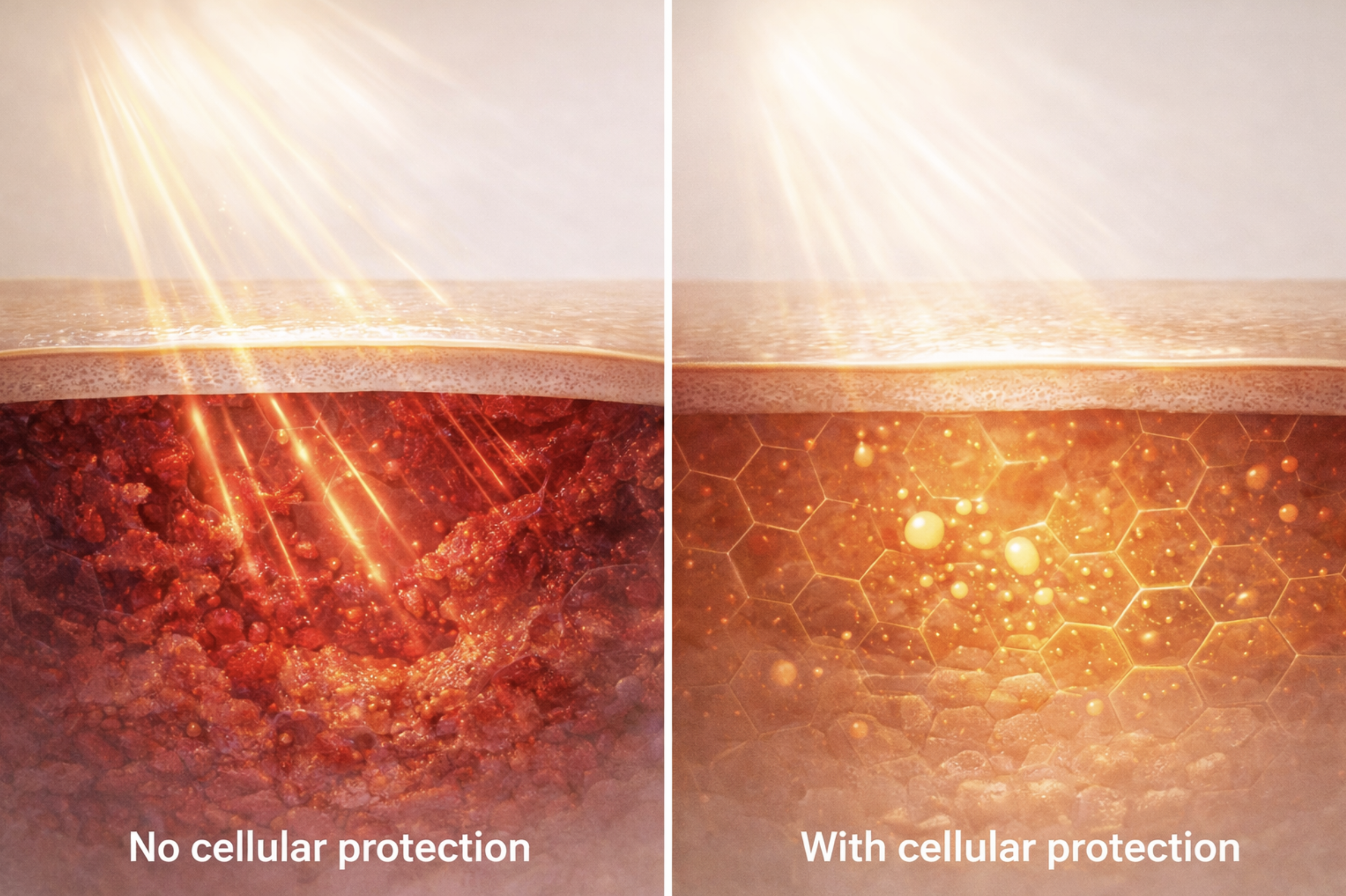 Cross-section showing UV-induced cellular damage without protection vs. organized cellular response with Sun Powder