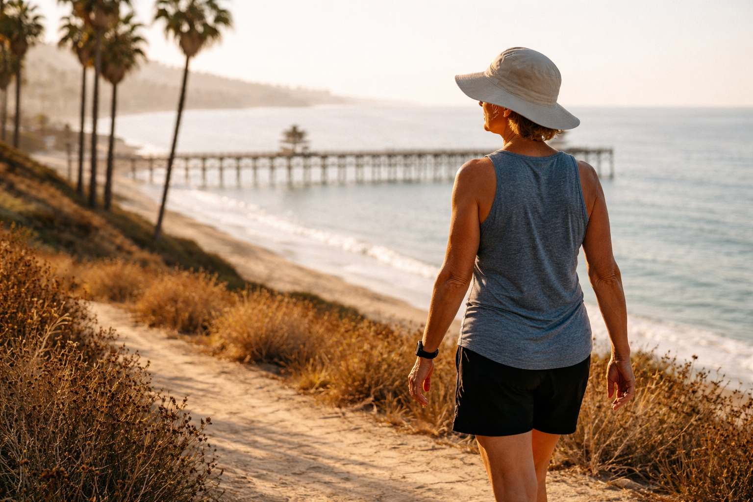 Woman walking beach trail in San Clemente